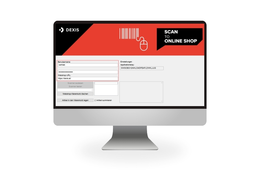 Bildschirmansicht der „Scan to Online Shop“-Plattform von DEXIS Austria, mit Login-Feld, Scanner-Optionen und rotem Header mit Barcode-Icon.